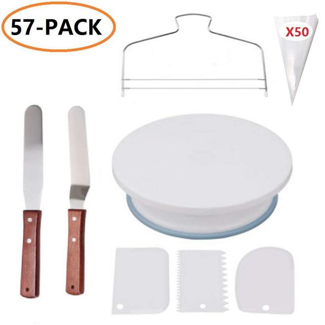ANSLYQA Cake Turntable Kit (57 Pack) with 11 Inch Plastic Rotating Cake Stand Non Slip & Leveler,Straight & Offset Spatula,3 Icing Smoother and 50 Disposable Pastry Bags for Cake Decorating