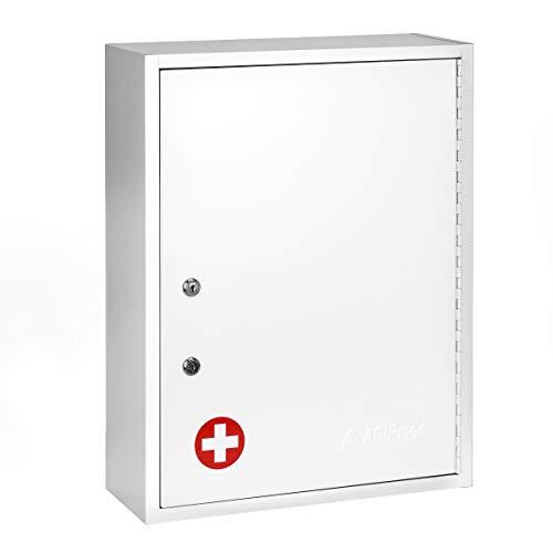 AdirMed Large Dual-Lock Medicine Cabinet – Wall Mounted & Secure Steel Medicine Pills & First Aid Kit & Emeergency Kit Box with Locks for Home Office & School Use (White)…