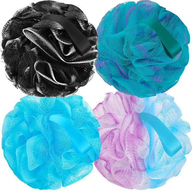 FARMOGA Bath Loofah Sponge Back Scrubber Shower Sponge Soft Mesh Exfoliator Pouf Shower Ball Bath Sponges for Women and Men Bath Accessories (4Pcs 50g Mix Black)