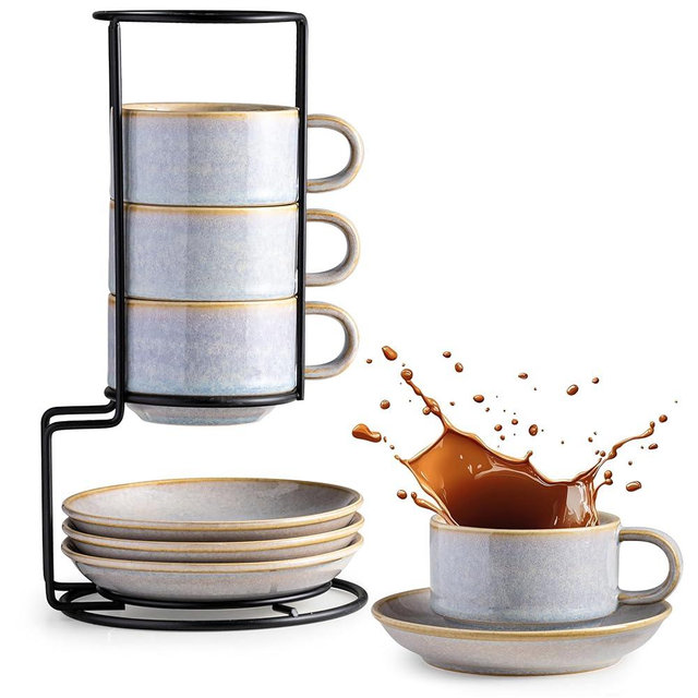 Gomakren 6 Ounce Cappuccino Cups with Saucers and Metal Stand, Stackable Coffee Cup Set of 4, Porcelain Espresso Cups for Coffee Drinks, Cappuccino, Latte, Americano, Tea, Gray