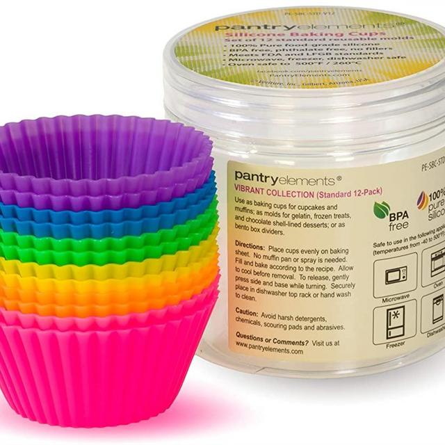 Pantry Elements Silicone Cupcake Baking Cups Liners with Bonus Storage Jar, Pack of 12 Reusable Non-Stick Muffin Liner Molds
