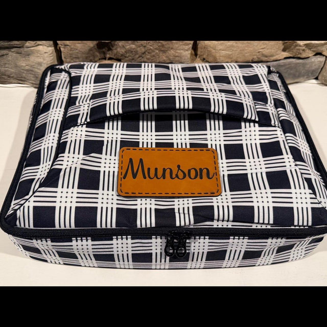 Personalized Insulated Dish Casserole Carrier, Engraved Leatherette Patch Tote