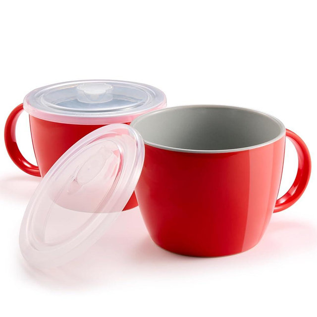 KooK Soup Mugs, Soup Cups with Lid, Microwavable Soup Bowl with Handles, Ceramic with Plastic Lid, for Overnight Oats, Travel Cups, Oversized Coffee Mug, Cereal, 25 Oz, Set of 2, Cherry/Grey
