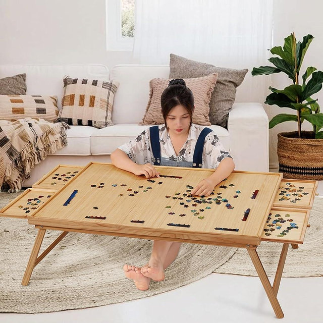2000 Piece Portable Puzzle Table with Folding Legs, 41.3"X27.5" Wooden Jigsaw Puzzle Board with 4 Drawers & Cover, Family Multifunctional Folding Table for Adults and Kids