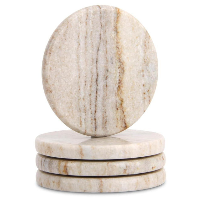 Natural Marble Coasters Set of 4, 4 inch Round Stone Coasters with Silicone Anti-Slip Pads, Minimalist Marble Drink Pads for Table Protection, Modern Home Decor (4, Viva Jade, Round)