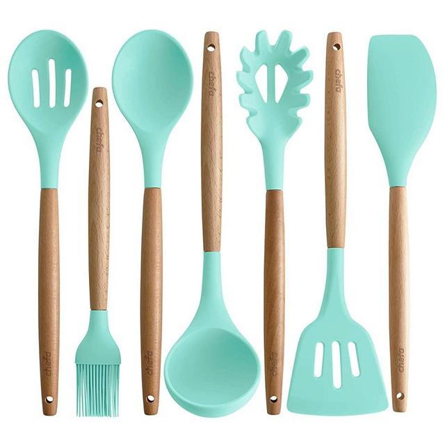 Silicone Cooking Utensils | Kitchen Utensil Set, Wooden Handle, Non-Stick Cookware Heat Resistant,Spatula, Slotted & Solid Spoon, Soup Ladle, Slotted Turner and Spaghetti Server,| Aqua Blue
