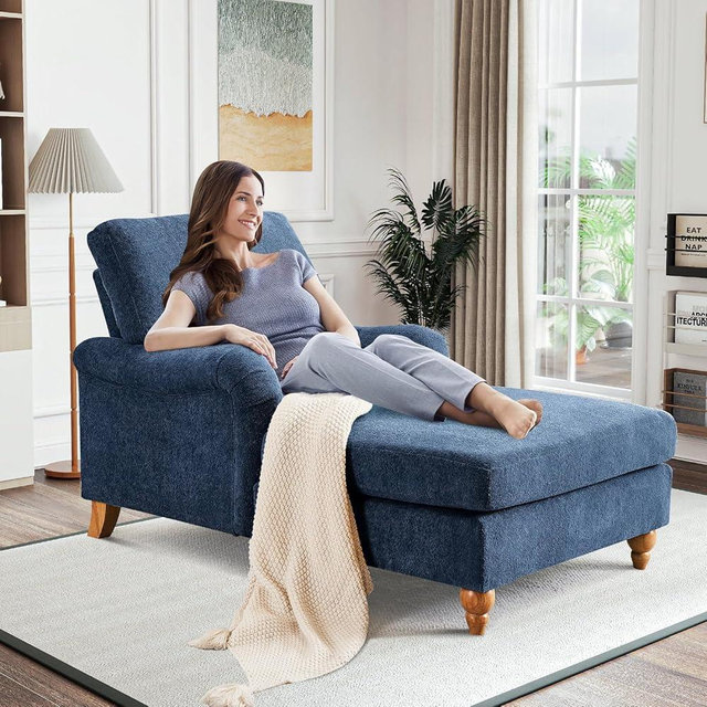 Antetek Chaise Lounge Chair Indoor with Adjustable Backrest, Modern Upholstered Sleeper Lounge Sofa Chair with Sturdy Legs and Rolled Arms for Bedroom, Living Room, Blue