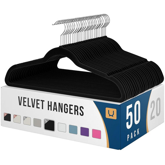 Black Velvet Hangers 50 Pack - Clothes Hangers Non Slip Felt Hangers - Durable Coat Hanger, Slim Design for Space Saving Hangers - Pants, Suits Or Sweater Hangers - Ganchos para Colgar Ropa Hangars