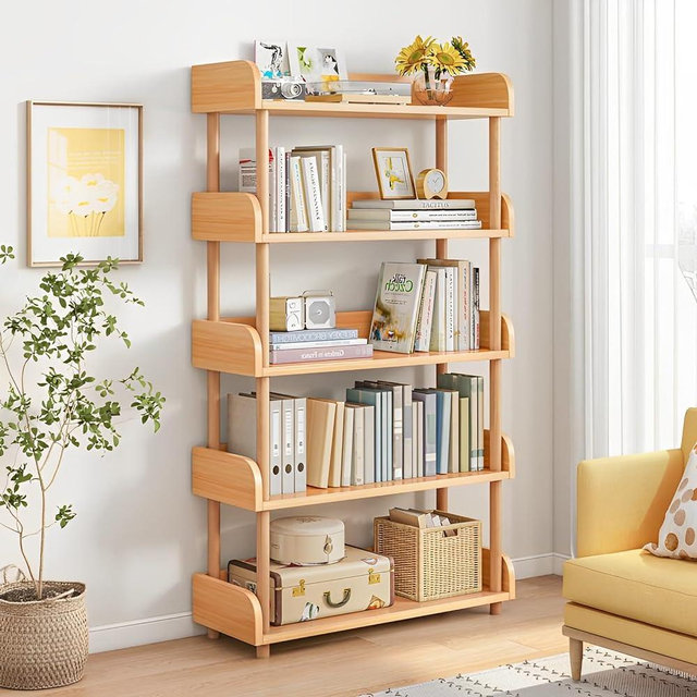OSCHF 5-Tie Wooden Open Bookcase - Modern Display Bookshelf with Top Edge and Solid Wood Frame for Home and Office, Storage Cabinet, Oak