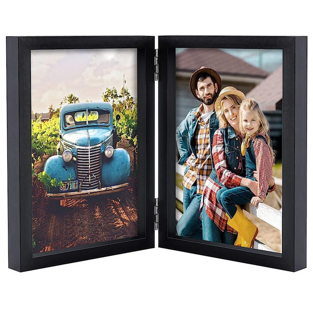 AEVETE 5x7 Picture Frames Double Hinged Wood Folding Photo Frames Vertical with Real Glass Front, Black