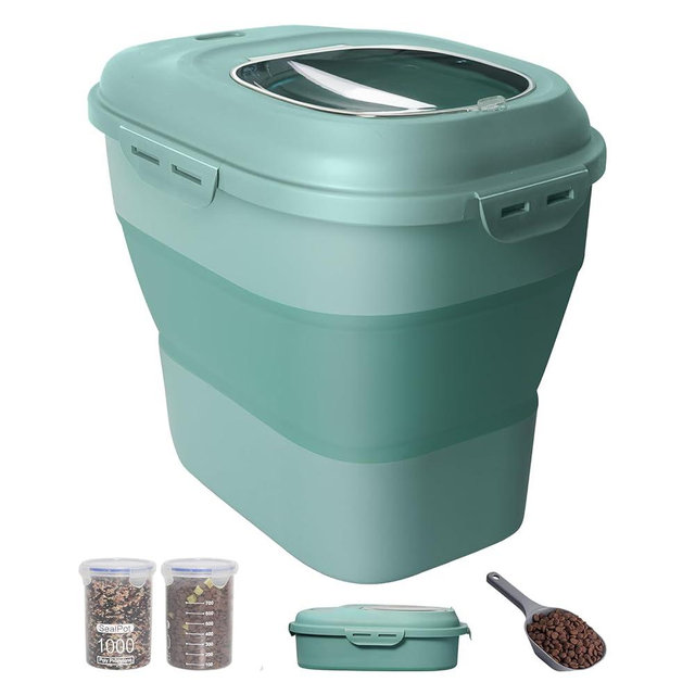 DDMOMMY 30-35 Lbs Dog Food Storage Container Collapsible Dog Food Container with Airtight Lids, Wheels, Scoop and 2pcs Food Storage Containers, Large Pet food storage for Dog, Cat (Green)