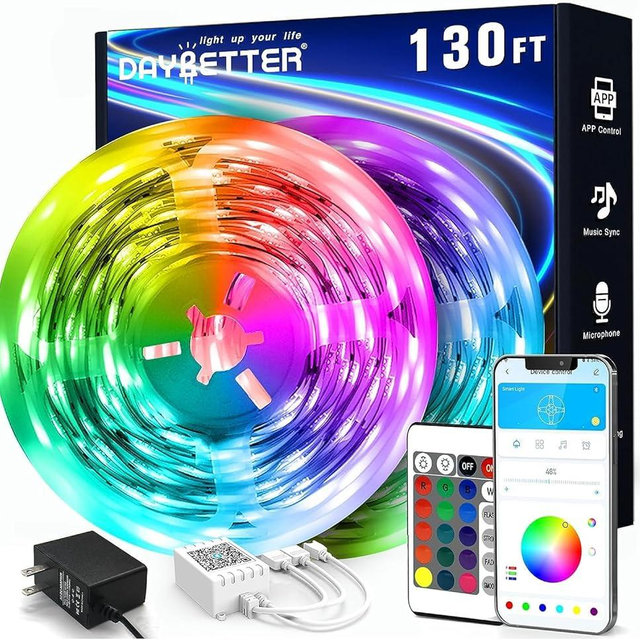 DAYBETTER LED Strip Lights 130ft (2 Rolls of 65.6ft), Color Changing Lights Strip for Bedroom, Desk, Indoor, Room Bedroom, Girl Boy Brithday Gifts RGB Decor with Remote and 24V Power Supply