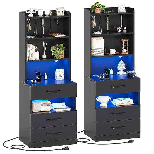 AOGLLATI Tall Night Stand Set of 2 with Charging Station and LED Lights, Black Nightstand with 3 Drawers and Adjustable Shelves, Modern Bedside Table with Bookshelf for Bedroom