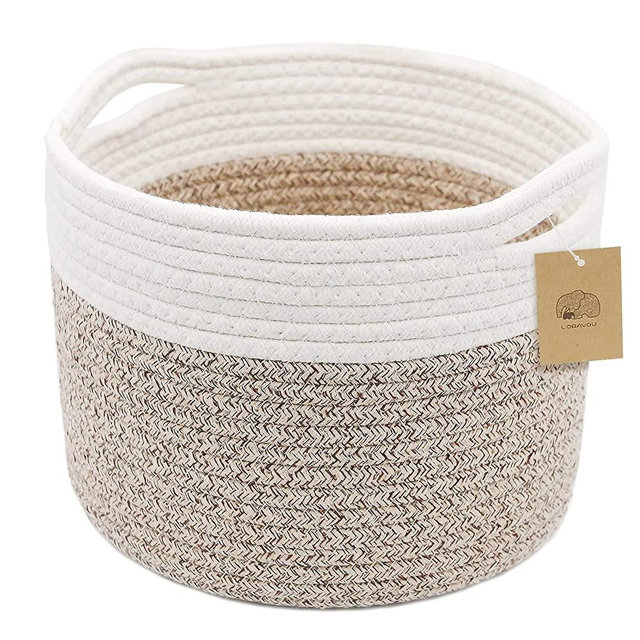 Small Rope Basket small Round Woven Basket With Handle 9.5x9.5x7.1 in Cute Cotton Basket Nursery Shelf Small Storage Basket Stitching Brown Beige Mixed Design Style 8.2L