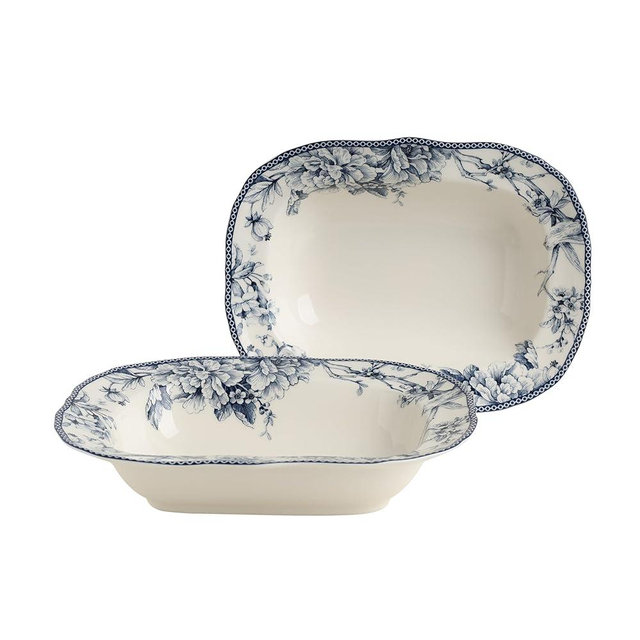 222 Fifth Adelaide Blue Oval Serving Bowls (Set of 2), 28 oz Porcelain Large Serving Bowl, Ceramic White Bowls for Pasta, Salad, Dinner & Entertaining, Luxury Floral Gifts, Microwave & Dishwasher Safe