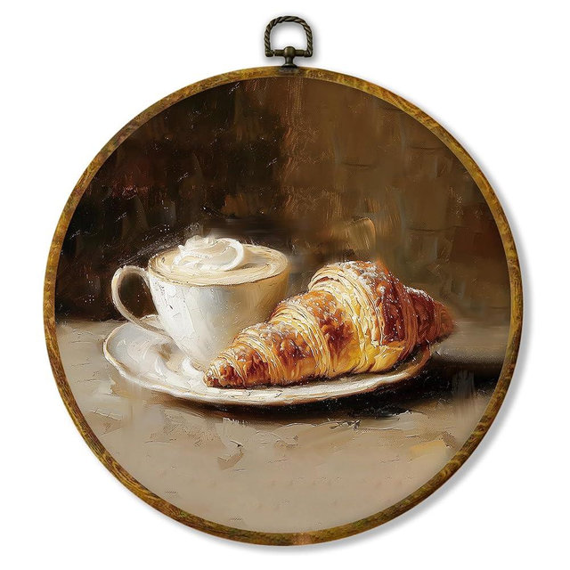 shiviody Coffee Tea Cup Canvas Wall Art Decor, Coffee Bar Wall Art, Vintage French Brunch Bread Tea Time Round Hanging Frame Prints Decorations for Kitchen Bar Farmhouse 10"x10"