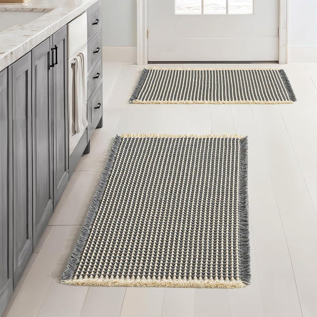 MIULEE Set of 2 Waffle Bathroom Rugs, Boho Bath Rugs Non Slip Washable, Super Absorbent Bath Mats, Ultra Soft Rubber Backed Shower Mats for Bathroom Floor, Tub, Dark Grey & Yellow, 17x24 Inch