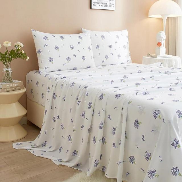 HighBuy Floral Queen Size Sheets Set White 4 Piece - Extra Deep Pocket Queen Sheets - Soft Flat Sheet - Cooling Bed Sheets Purple Floral Super Soft with Fitted Sheet,2 Pillowcases Set (Queen,Floral)