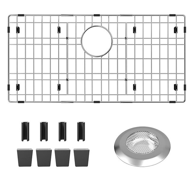 Sink Protectors for Kitchen Sink 28-3/8" x 14-3/16" Stainless Steel Sink Protector with Rear Drain Hole Sink Rack for Bottom of Sink (Separable,28-3/8" x 14-3/16", Rear Drain)