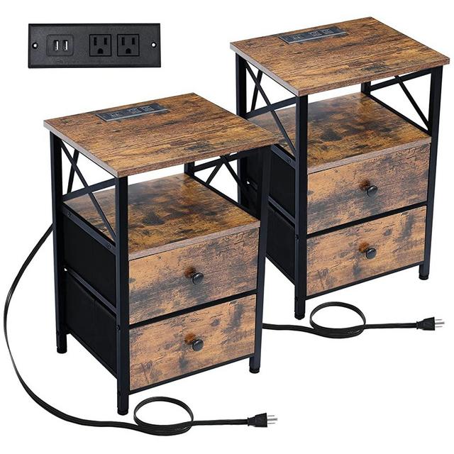 AMHANCIBLE End Table with Charging Station, Nightstand Set of 2 with Drawer, Small Side Table Living Room with USB Ports and Outlets for Small Spaces Bedroom Rustic Brown and Black