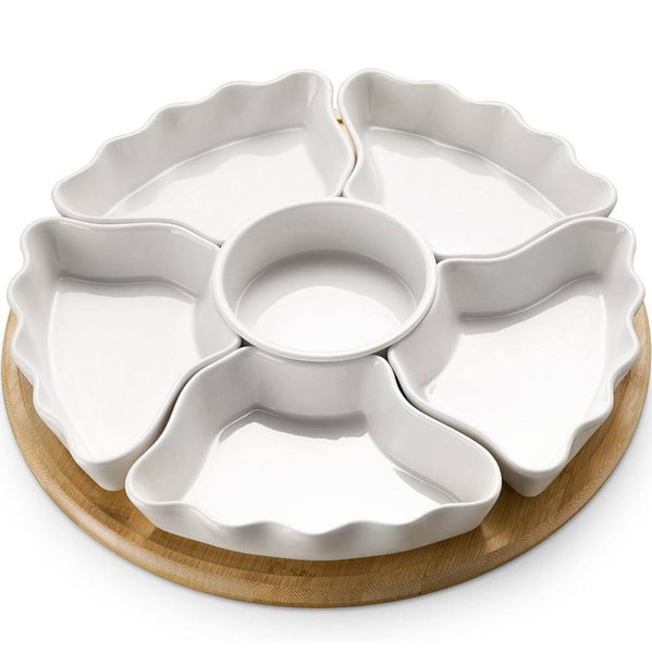DOWAN 360° Rotatable Serving Tray and Platters, 12 Inch Divided Serving Bowls for Party, Kitchen Decor, Removable Serving Dishes for Chips and Dip, Fruit, Veggies, Candy and Snacks, 7 Pieces, White