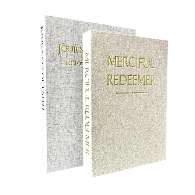 Decorative Books for Home Decor - Set of 2 Rustic Fake Faux Book Storage Boxes, Magnetic Closure, Scripture Inside, Linen Style Fabric Covers - Easter Christian Decor for Storage (Neutrals)