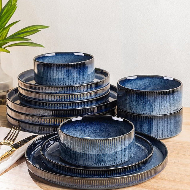 TheTerra Ceramic Dinnerware Sets for 4, 12 Pieces Porcelain Lightweight Speckled Plates and Bowls Sets, Scratch Resistant Dish Set, Oven & Microwave & Dishwasher Safe, Starry Blue