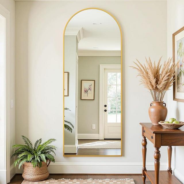 LadyNow Full Length Mirror, 58"x21" Oversized Floor Mirror Freestanding, Full Body Mirror Floor Standing Mirrors with Stand, Hanging Mounted Mirrors for Bedroom Living Room, Gold, Arched Style