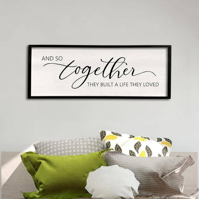 And So Together They Built A Life They Loved Sign 40”X15” Master Bedroom Above Bed Wall Decor Large Framed Wood Farmhouse Sign for Over Bed Bedside Wall Art for Love Sign Decor (Black）