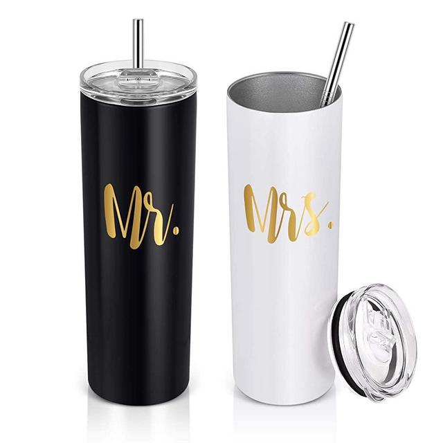 Mr and Mrs Stainless Steel Skinny Tumbler Set, 20oz Slim Water Tumbler with Lid Straw, Insulated Travel Tumbler, Gifts for Newlyweds Couples Wife, Wedding Engagement Bridal Shower, Black and White