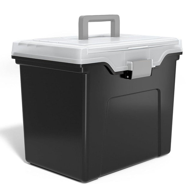 STAPLES File Folder Tote, Portable Filing Box for Letter SIze Hanging Folders, Security Latch & Built-In Lid Organizer, Black/Clear