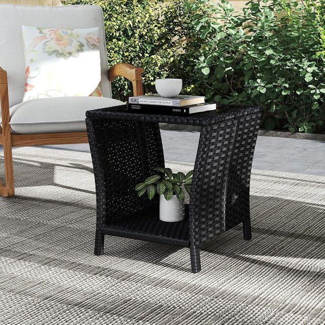 Kinsunny Outdoor Small Patio Table - PE Rattan Coffee Table, Wicker Side Table for Patio, Balcony & Porch, Durable & Iron Frame (1, Black)