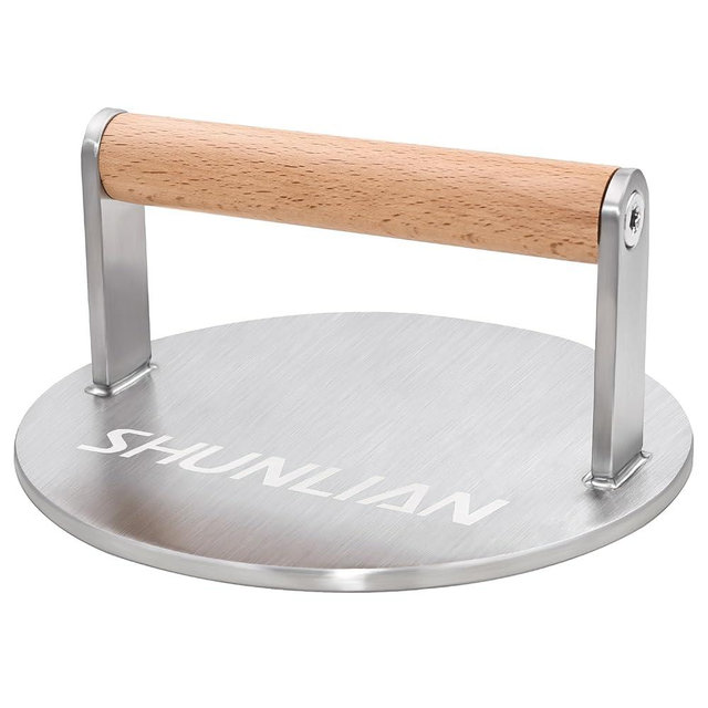 SHUNLIAN Stainless Steel Burger Smasher, 6 Inch Heavy Duty Grill Press with Wood Handle, 1.7 lb Solid Cooking Weight Press for Flat Top Griddle, Meat Press for BBQ, Fish, Chicken, Bacon & Steak