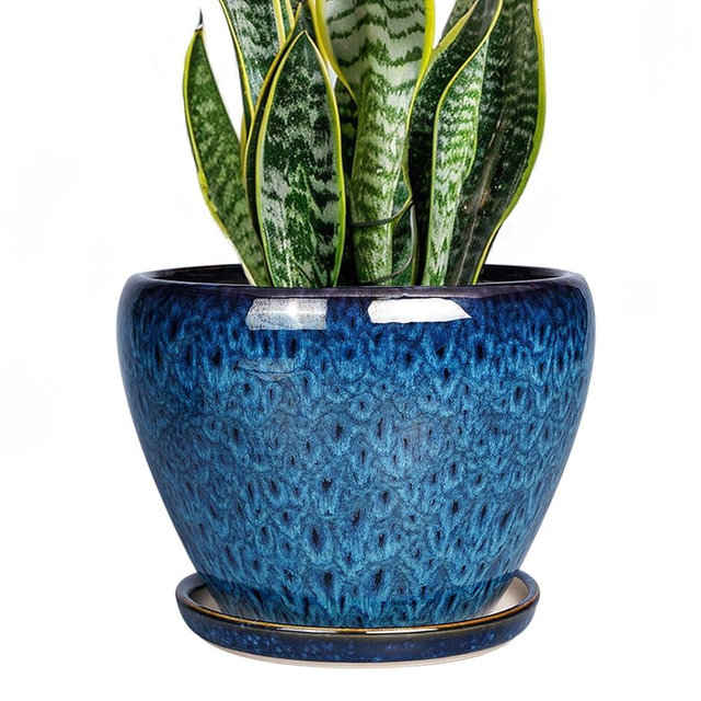 Ceramicfor 8 Inch Ceramic Plant Pot, Ceramic Planter Pot for Indoor Outdoor Plants, Round Flower Pot with Drainage Hole and Saucer, Blue
