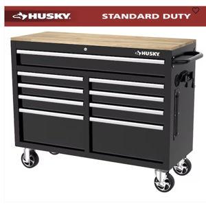 Tool Storage 46 in. W x 18 in. D 9-Drawer Mobile Workbench Cabinet in Gloss Black