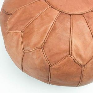 Round Leather Moroccan Pouf - Piping on Seams - Medium Brown
