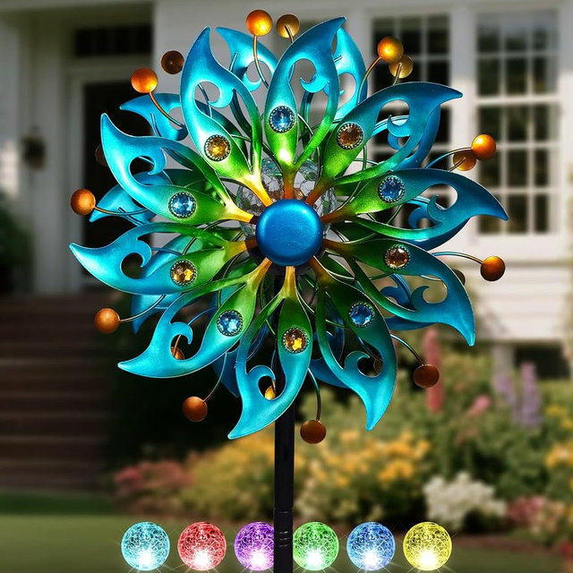 VUFOZ Solar Wind Spinners Outdoor – H63xW13 Metal Kinetic Garden Spinner with Crackle Glass Ball & Built-in Solar Panel – Peacock-Style Yard Wind Sculpture with LED Light