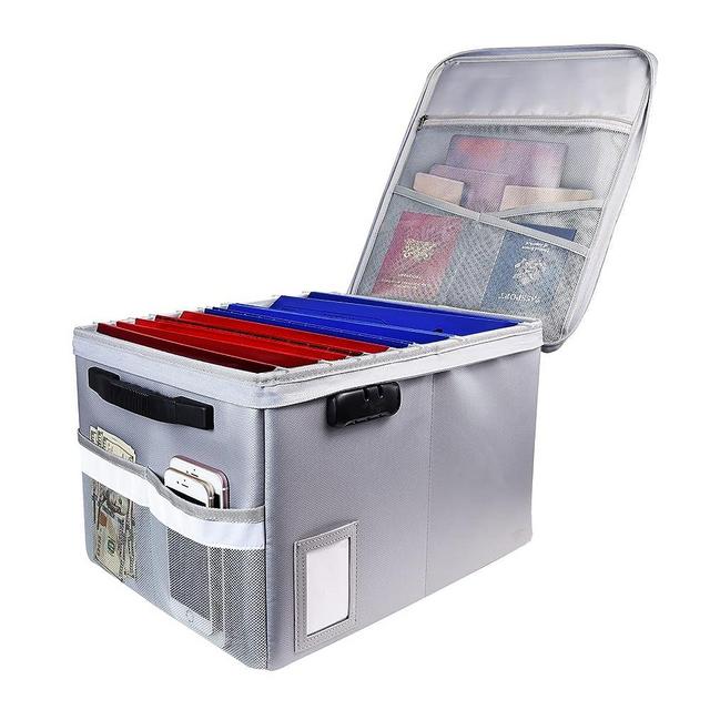 File Box with Lock, Fireproof Document Box File Organizer Box, Portable Office Collapsible File Storage with Reflective Strip for Hanging Letter/Legal Size Folder/Certificate