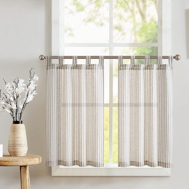 jinchan Tab Top Linen Kitchen Curtains 36 Inches Striped Tier Curtains Farmhouse Modern Cafe Style Small Window Treatments Airy Light Filtering Rod Pocket for Living Room Bathroom 2 Panels Taupe Grey