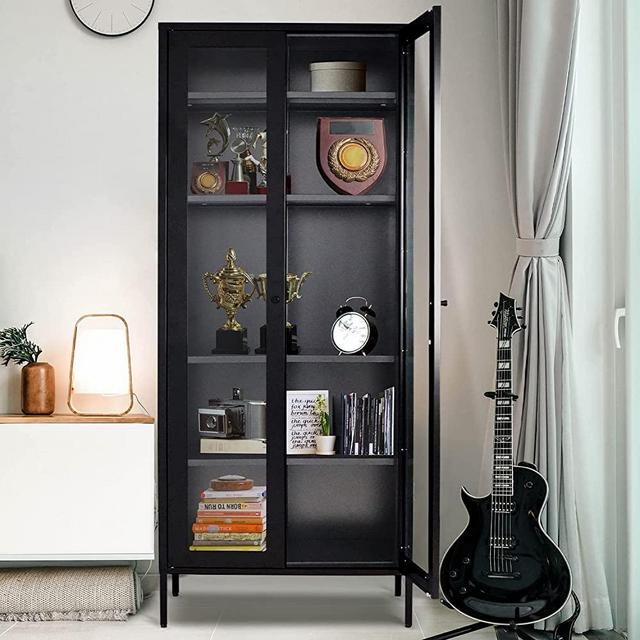 Greenvelly Metal Glass Cabinet, 72" Black Display Curio Storage Cabinet with Glass Doors and 4 Shelves, Tall Glass Bookcase Cabinet Modern Bookshelf Cabinet for Home Office Living Room Pantry Bathroom