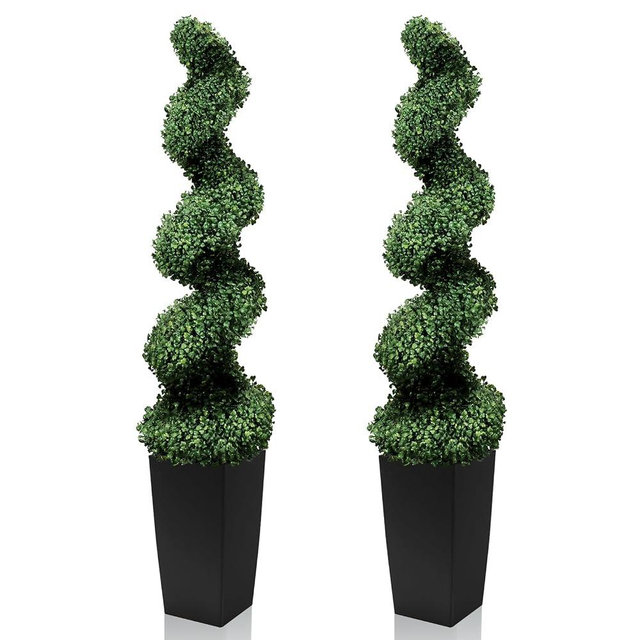 Mavis's Diary 5FT Artificial Spiral Topiary Trees, Set of 2 UV Resistant Faux Boxwood Plants in Square Planter, Indoor Outdoor Fake Shrubs for Front Porch, Entryway, Patio, Home Decor