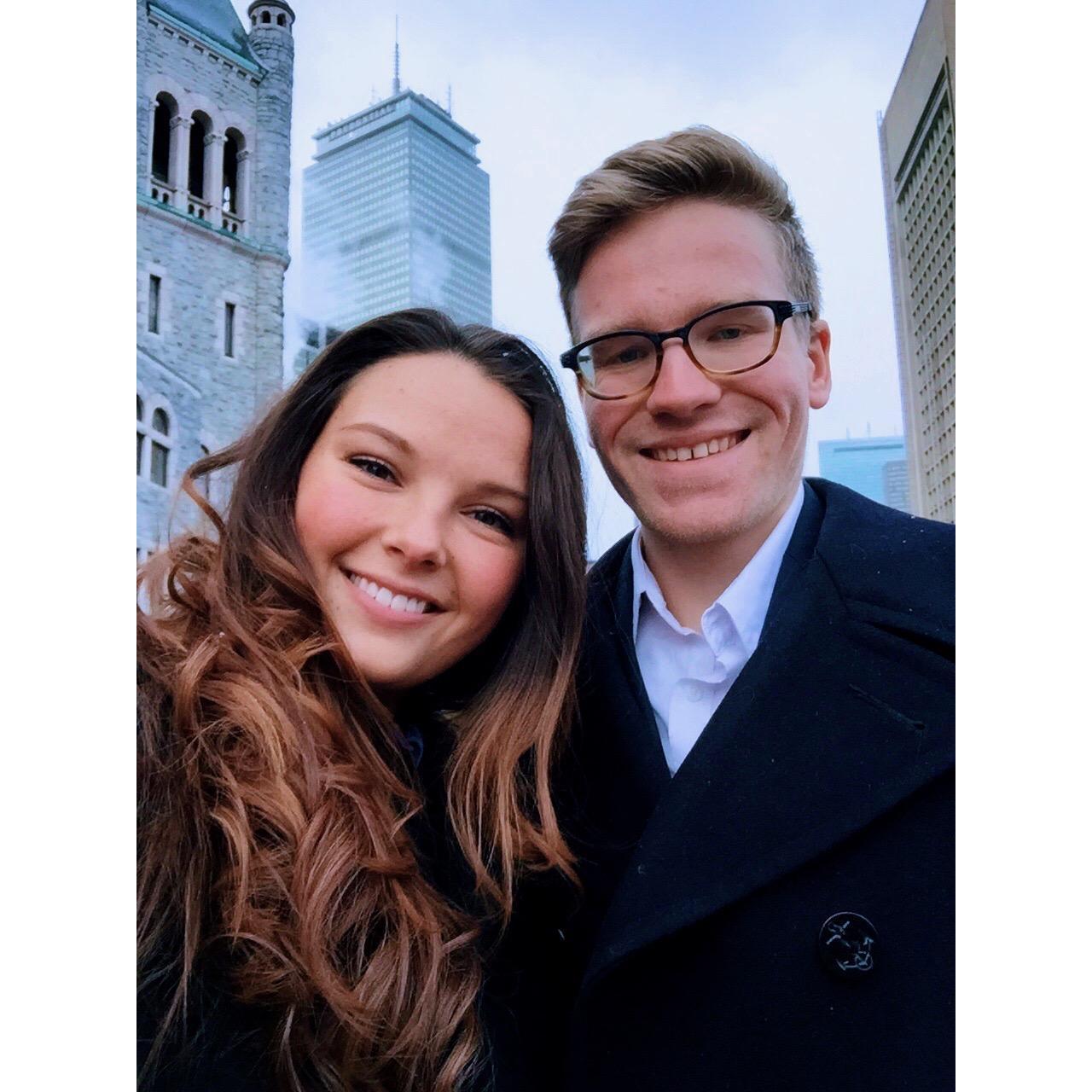 Our first "real" date as freshman in college in Boston, MA. We got dressed up to go to a fancy restaurant for Madison's birthday - the rest was history!