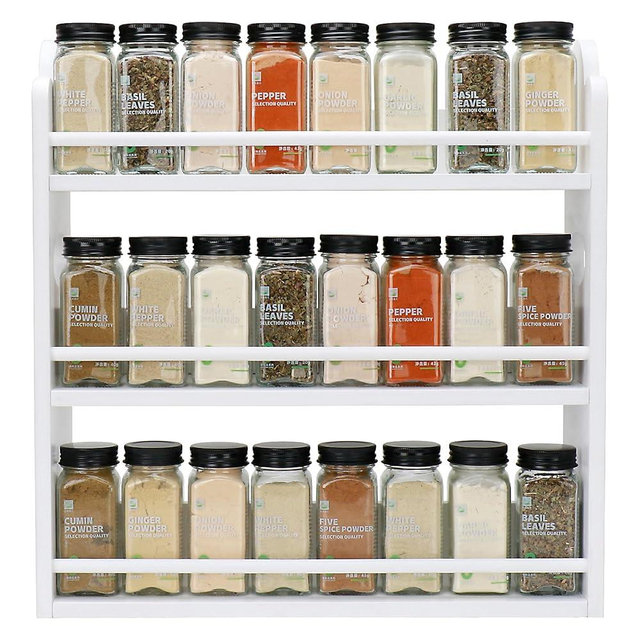 Thalomely 3 Tier Bamboo Spice Rack, Spice Rack Organizer, Seasoning Jars Rack Shelf Spice Organizer for Kitchen Counter or Wall Mounting, Spice Storage Holder with handles, Jars Not Included, White