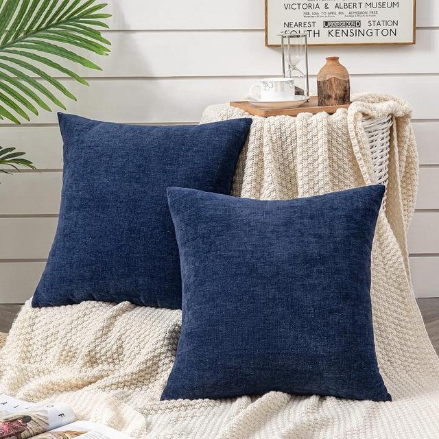 GAWAMAY Decorative Square Throw Pillow Covers 22x22 Inch set of 2, Super Soft Chenille Pillows Farmhouse Fall Pillowcase for Living Room Bedroom Sofa Couch Cushion Cover Navy Blue 55x55cm