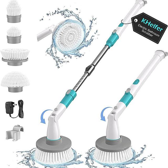 kHelfer Electric Spin Scrubber, KH8G 2023 New Cordless Shower Scrubber with 4 Replacement Head, 1.5H Bathroom Scrubber Dual Speed, Shower Cleaning Brush with Extension Arm for Bathtub Grout Tile Floor