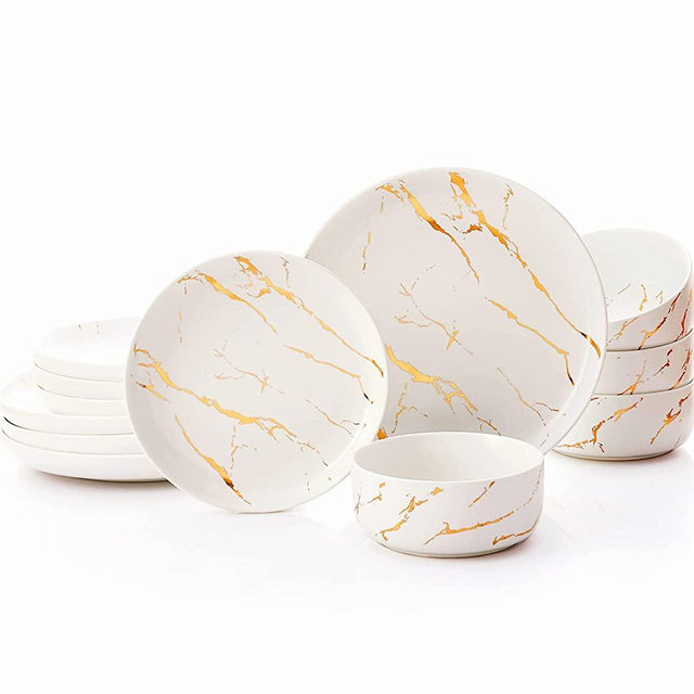 Pokini Gold Splash Dinnerware Sets, 12-Pieces Plates and Bowls Sets, Modern Marble Porcelain, Dishes Set for 4, White
