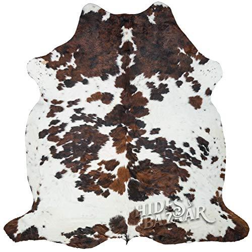 Tricolor Cowhide Rug Classic Brown, Black and White Color Mix, Natural Leather Hide, Area Rug (6x7ft)