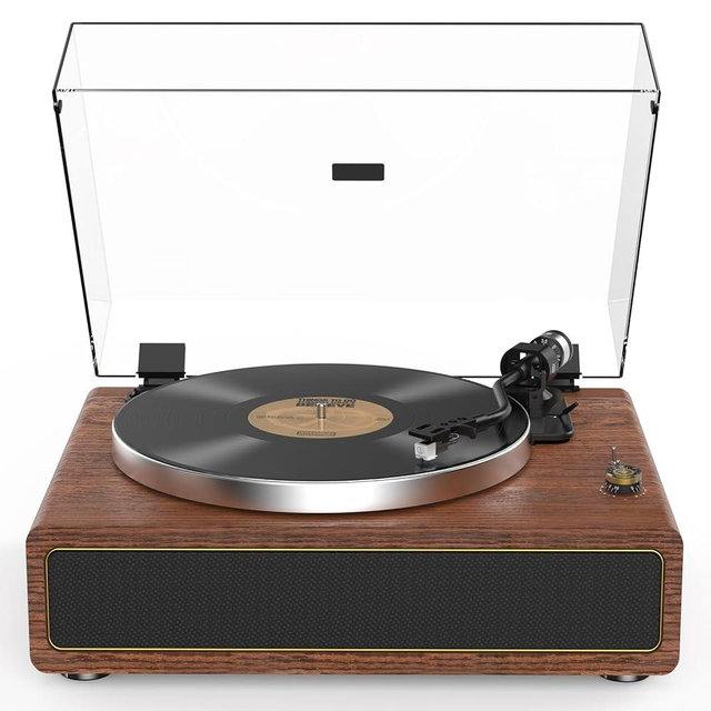All-in-one Record Player Turntable with Built-in Speakers Vinyl Record Player Support Wireless Playback Auto Stop 33&45 RPM Speed RCA Line Out AUX in Belt-Drive Turntable for Vinyl Records Brown