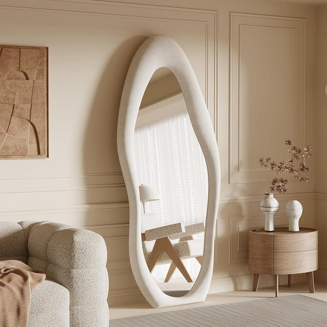 Honyee Full Length Mirror, 63" x 24" Wall Mirror, Irregular Wavy Full Body Mirror with Flannel Wrapped Wooden Frame, Hanging or Leaning Against Wall for Cloakroom, Bedroom, Living Room, Cream White