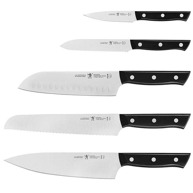 HENCKELS Dynamic 5 pc Razor-Sharp Kitchen Knife Set, 8-inch Chef’s Knife, 8-inch Bread Knife, 7-In Santoku Knife, 5-In Serrated Utility, 4-In Paring Knife